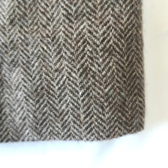 Vintage Wool Herringbone Pleated Brown Midi Skirt with Leather Accents 40 Small - Picture 10 of 14